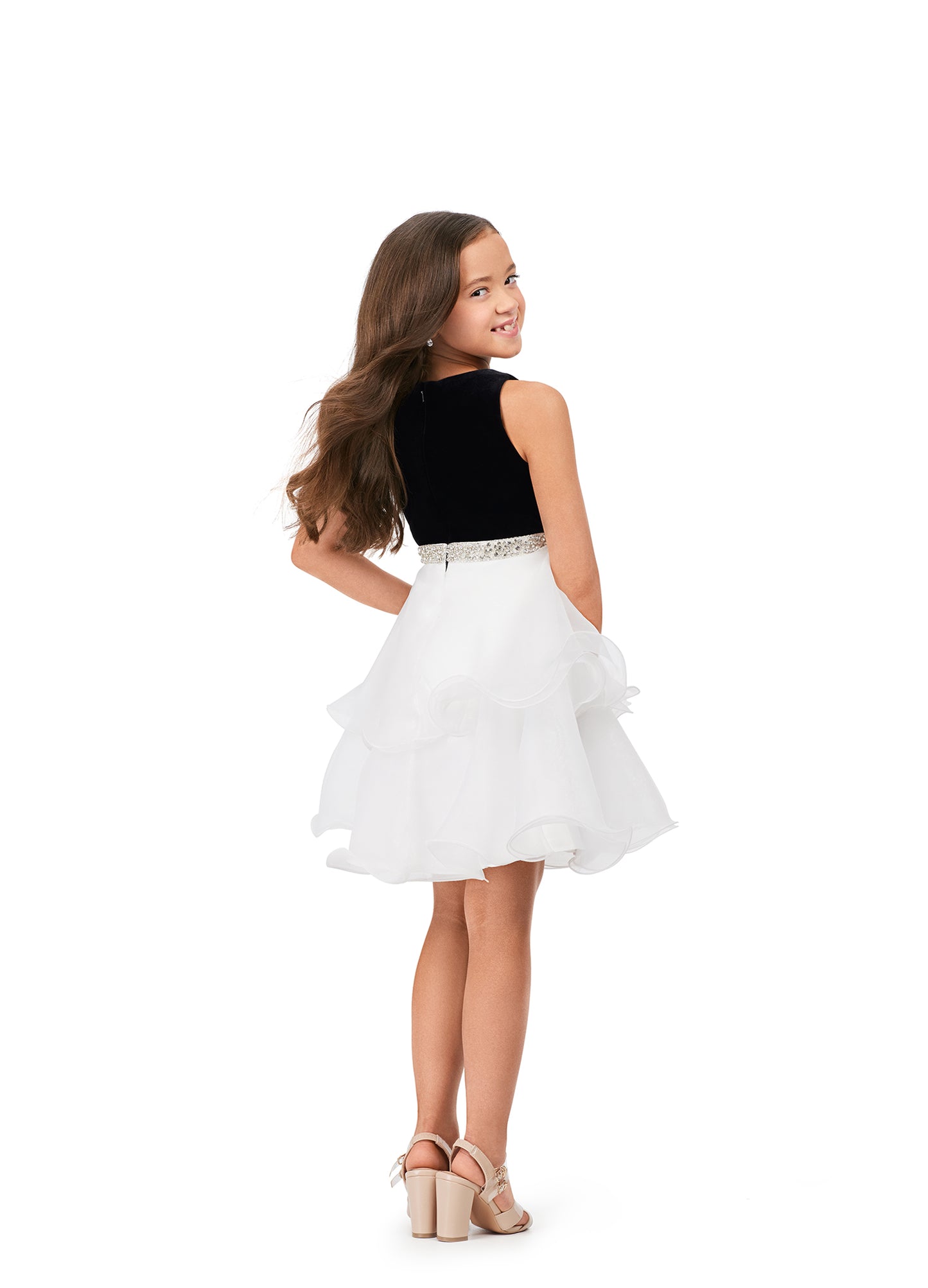 Ashley Lauren Kids 8216 Velvet Bustier And Organza Skirt Beaded Detail Crew Neckline Cocktail Dress. Elegant and adorable! This cocktail dress features a velvet bodice with a ruffled, layered organza skirt and a beaded waistband. We're in love!