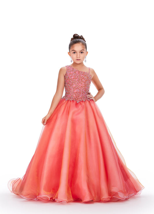 Ashley Lauren Kids 8218 Beaded Crystal Girls Pageant Dress two tone Ball Gown Train Formal A dress fit for a queen! This organza ball gown features a two tone skirt with a beautiful fully beaded one shoulder bodice.  COLORS: Lilac/Sky, Hot Pink/Orange Sizes: 2-16