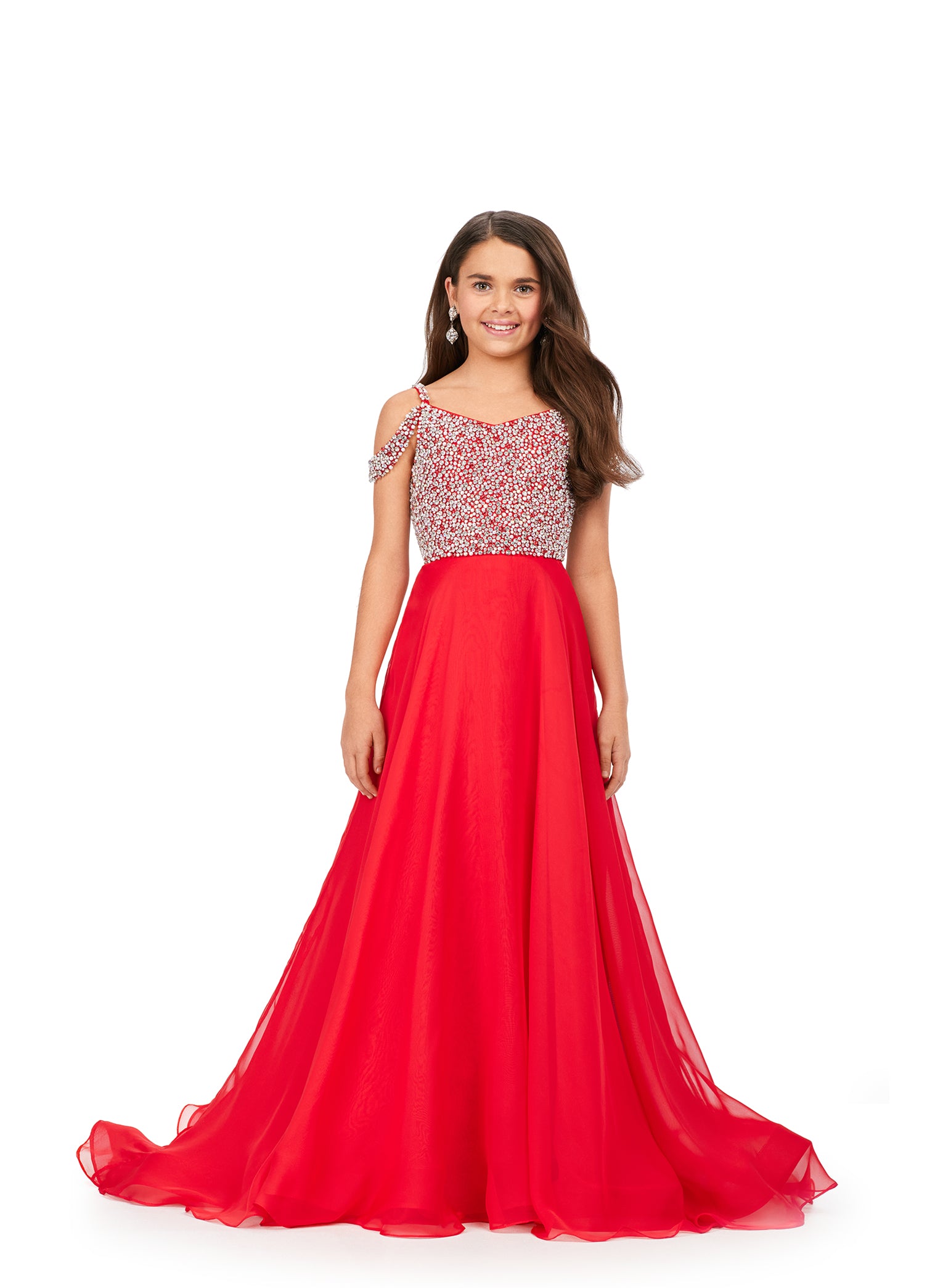 Ashley Lauren Kids 8220 Beaded Bustier A-Line Off The Shoulder Sweetheart Neckline Chiffon Gown. We are obsessed with this elegant gown! The fully beaded bodice features off shoulder straps and a fabulous, flowy chiffon skirt.