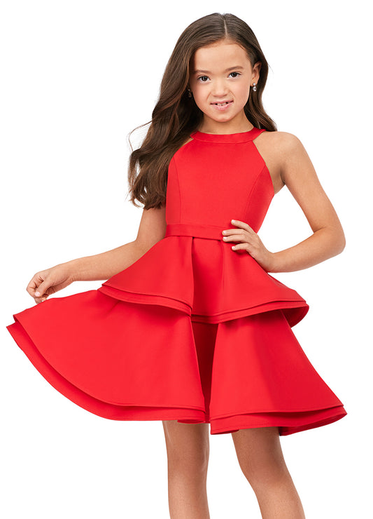 Ashley Lauren Kids 8221 A-Line Crew Neckline Ruffle Skirt Crepe Cocktail Dress. This cocktail dress is one of our favorites! The high neckline compliments the tiered, ruffle skirt and gives all the sass!