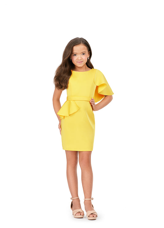 Ashley Lauren Kids 8222 Ruffle Detail Crew Neckline Fitted Skirt Crepe Cocktail Dress. The perfect dress for an interview! This crepe cocktail dress features a one shoulder ruffle that makes this both an elegant and fun look!