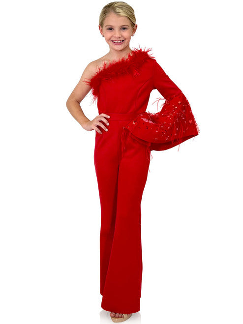 Marc Defang 8222K Size 4 Red Girls Pageant Jumpsuit Feather One Should –  Glass Slipper Formals