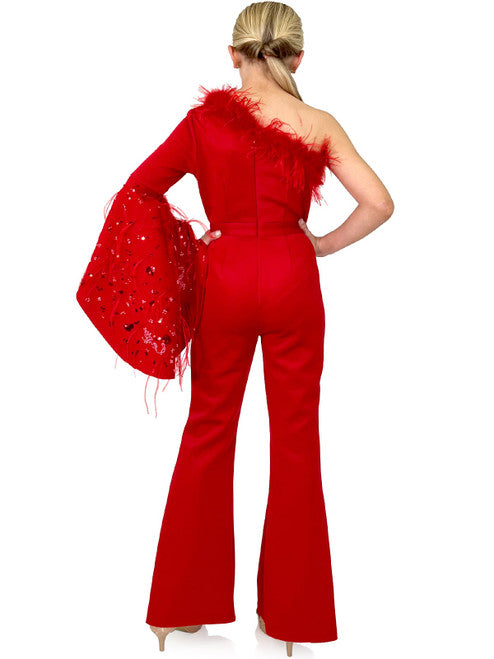 This Marc Defang 8222K Jumpsuit features a one-shoulder design with long bell sleeve and feather detailing for a sophisticated look. Crafted with a scuba fabric, this formal wear is perfect for pageants and special occasions. The slim-cut silhouette creates a stunning, head-turning look. 