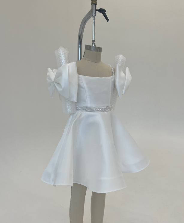 Ashley Lauren Kids 8223 Off The Shoulder With Bows A-Line Beaded Belt Detail Phantom Satin Coctail Dress