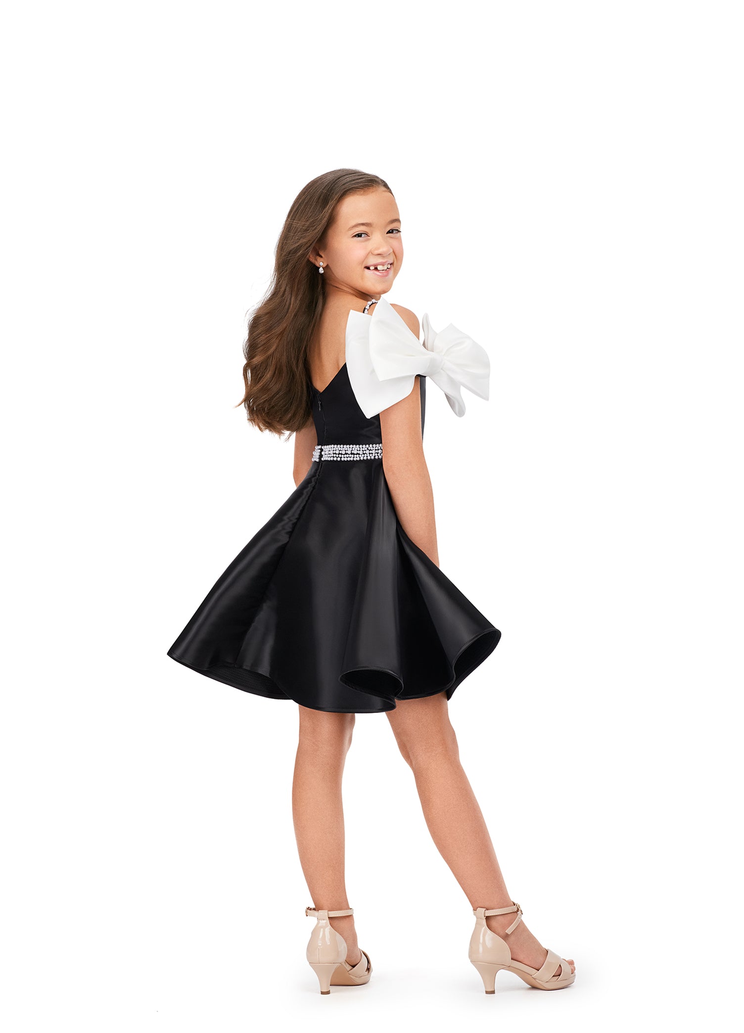 Ashley Lauren Kids 8223 Off The Shoulder With Bows A-Line Beaded Belt Detail Phantom Satin Coctail Dress. Cuteness overload in this fun satin dress! With its beautiful pearl belt and bow sleeves, this is a must for any little fashionista.