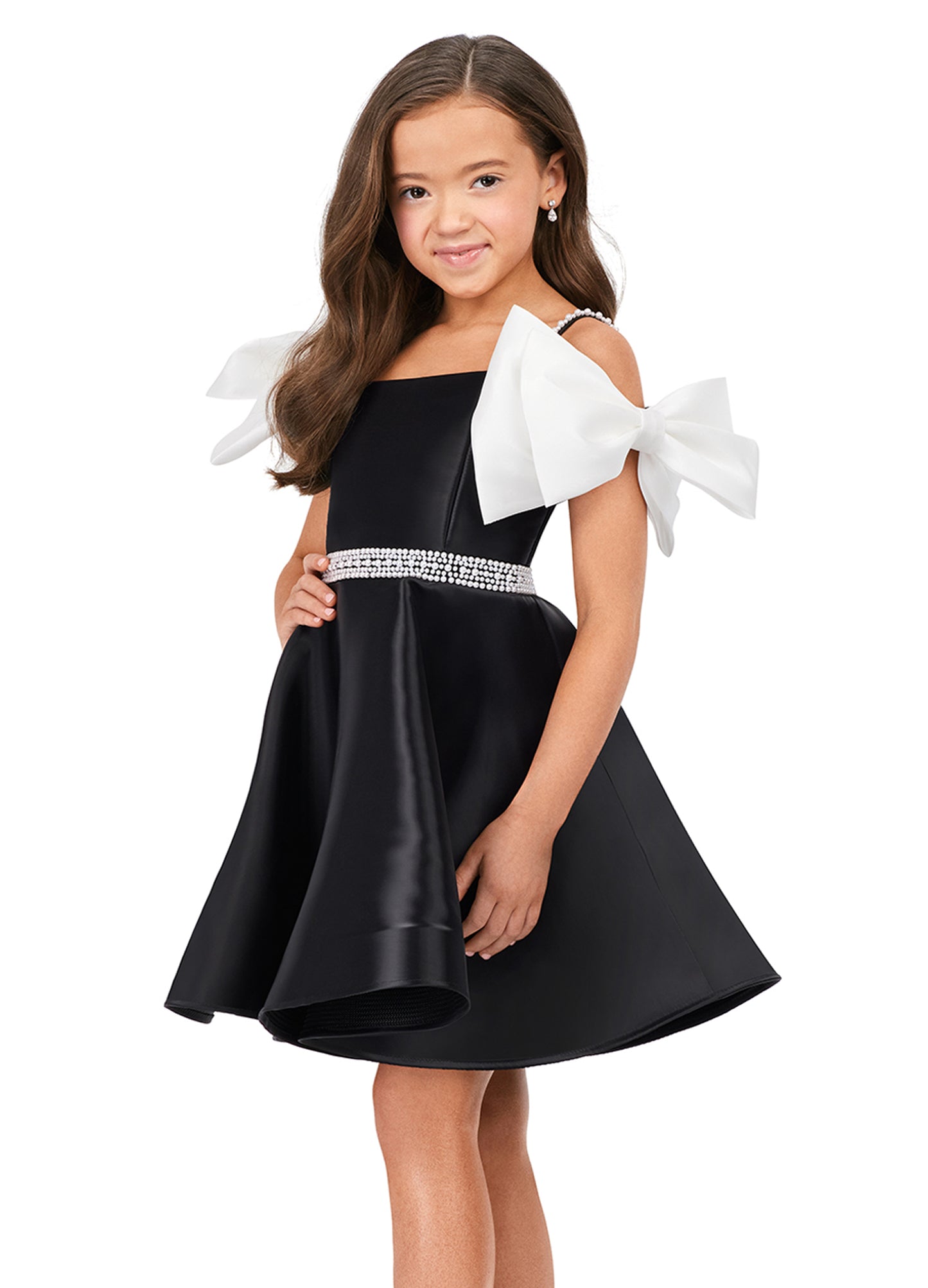 Ashley Lauren Kids 8223 Off The Shoulder With Bows A-Line Beaded Belt Detail Phantom Satin Coctail Dress. Cuteness overload in this fun satin dress! With its beautiful pearl belt and bow sleeves, this is a must for any little fashionista.