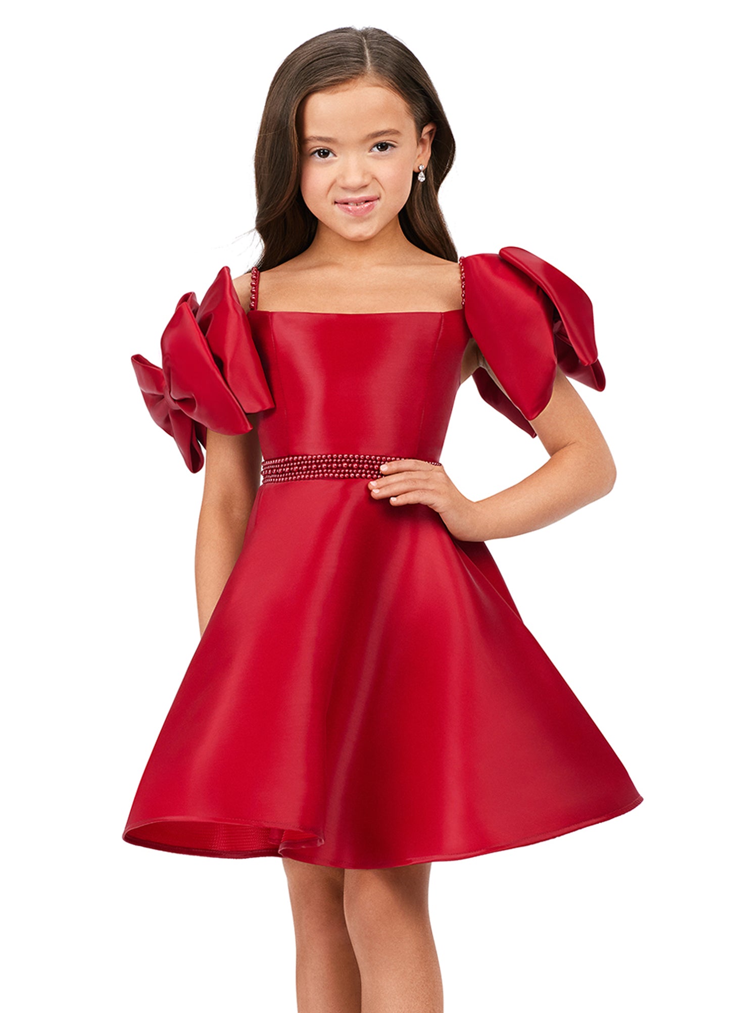 Ashley Lauren Kids 8223 Off The Shoulder With Bows A-Line Beaded Belt Detail Phantom Satin Coctail Dress. Cuteness overload in this fun satin dress! With its beautiful pearl belt and bow sleeves, this is a must for any little fashionista.b