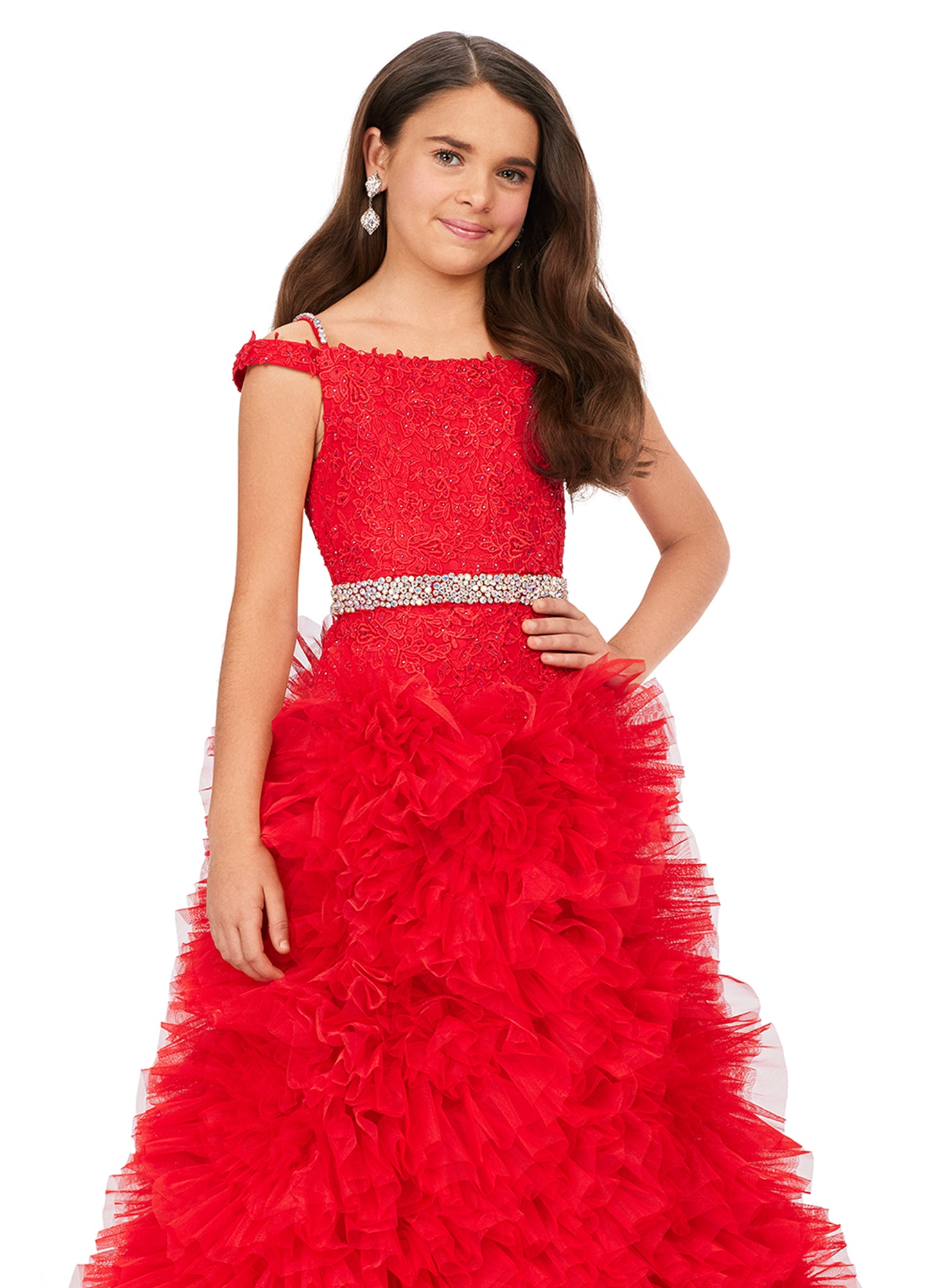 Ashley Lauren Kids 8224 Embroidered Lace Ruffle Tulle Skirt Beaded Detail Off The Shoulder Gown. Dazzle in this off shoulder gown with embroidered lace details. We love the off shoulder top and beaded accents. The cascading layers of ruffled tulle give this dress the right amount of fullness.