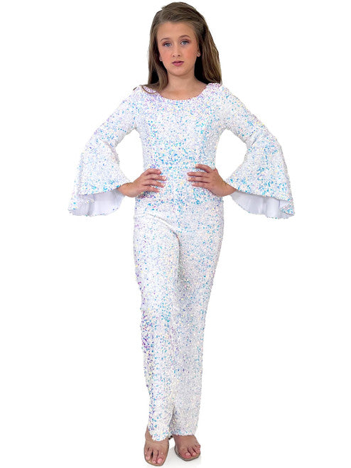 Inject a bit of sparkle and glamour into special occasions with Marc Defang's 8225K Girls Velvet Sequin Pageant Jumpsuit. This jumpsuit features a high neck with long bell sleeves and is finished with a beautiful sequin design for an eye-catching effect. Perfect for pageants and special occasions.  Sizes:  4,5,6,7,8,9,10,11,12,13,14  Colors: Yellow, White AB, Royal, Hot Pink, Purple, Light Blue, Light Pink, Neon Green, Lilac