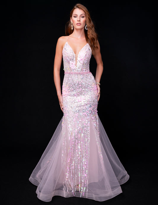 Achieve a stunning look with the Nina Canacci 8232 Sheer Corset Sequin Mermaid Prom Dress. This backless formal gown features a sheer corset, sequin details, and a mermaid silhouette for a show-stopping appearance. Perfect for prom or any formal event, this dress will make you feel confident and elegant.