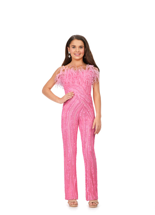 Make a show-stopping impression in this beautiful Ashley Lauren Kids 8235 Girls Beaded Long Pageant Jumpsuit. Featuring intricate bead pattern, sparkly sequins and feather details on the neckline, it's the perfect choice for your formalwear needs. Fully beaded design ensures a standout look in any pageant or special event.  Sizes: 4-16  Colors: Aqua, Candy Pink, Periwinkle