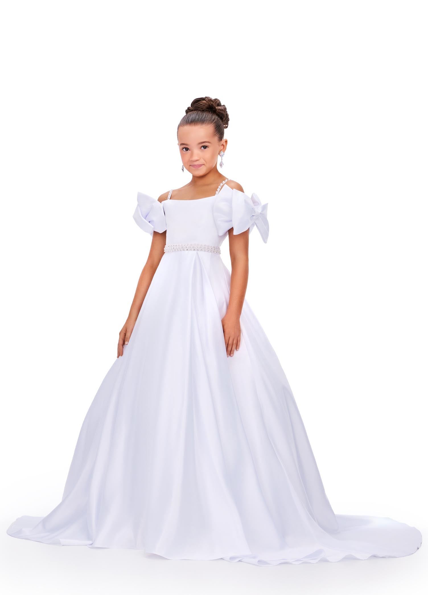 Ashley Lauren Kids 8237 Off the Shoulder Satin Ball Gown Pageant Dress Bows A Line Girls Feel like a princess in this satin ball gown. This gown features off the shoulder bows and pearl accents on the straps and belt.  COLORS: Aqua, Pink, White, Lilac Sizes: 2-16 Off Shoulder Beaded Accents Ball Gown Satin