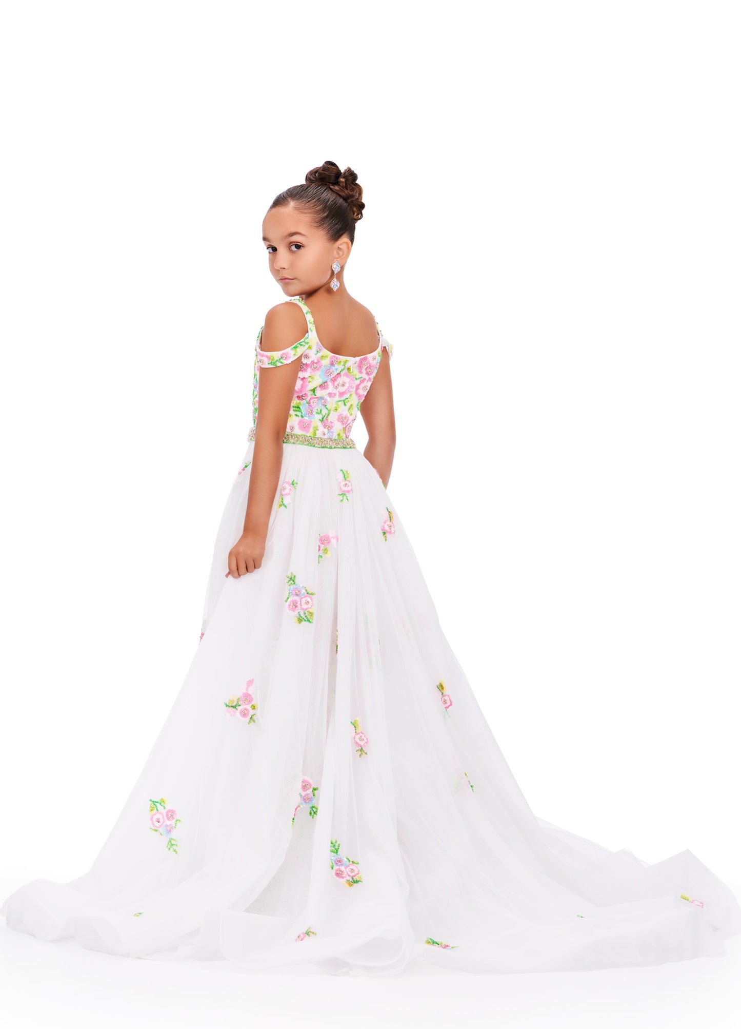 Expertly crafted for little girls who deserve to sparkle, the Ashley Lauren 8239 dress will make her shine on stage. The fitted silhouette flatters any figure while the beaded details and sequin overlay add a touch of glamour. Perfect for pageants and formal events. Bring the drama in this beaded column gown with shoulder draping straps. The removeable tulle overskirt is embellished with scattered beaded accents.
