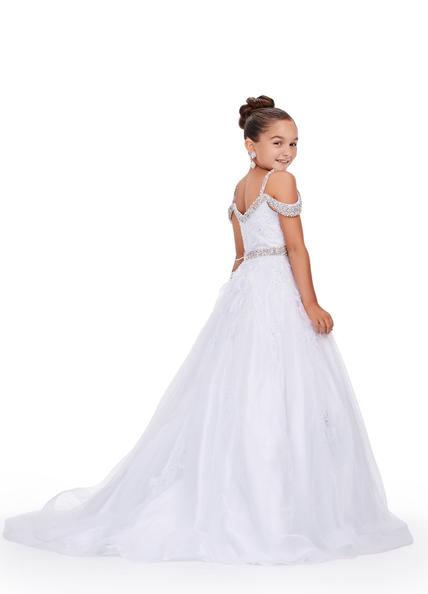 This stunning Ashley Lauren Kids 8242 ballgown is crafted with beautiful white feather lace and features an off-the-shoulder cut. The crystal bodice brings a romantic and princess-like feel to this pageant dress. Perfect for your little one special day.  Size: 10  Color: Hot Pink