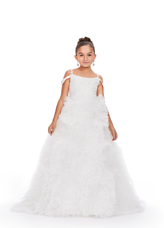 The Ashley Lauren Kids 8246 Girls Pageant Dress exudes elegance and glamour. The off-the-shoulder design features delicate lace and a ruffle detail for a stunning ballgown silhouette. Adorned with crystal embellishments, this dress will make any girl feel like a princess on stage. This elegant kids ball gown features a scoop neckline accented by a lace applique bodice and draping off shoulder straps.