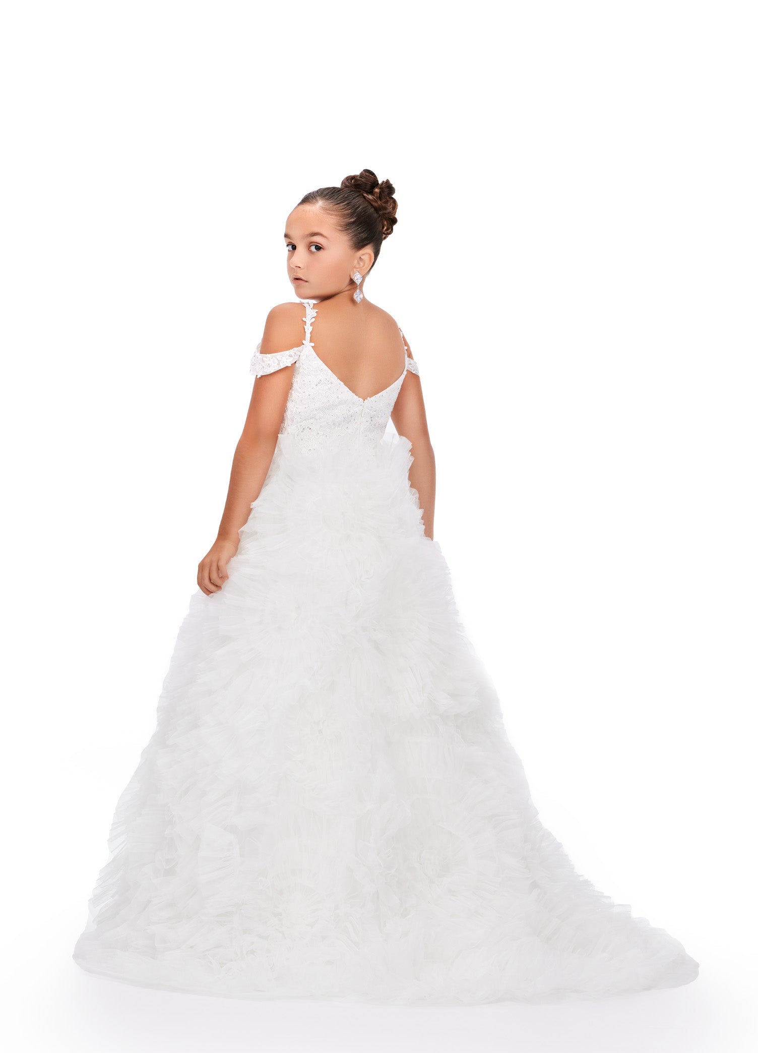 The Ashley Lauren Kids 8246 Girls Pageant Dress exudes elegance and glamour. The off-the-shoulder design features delicate lace and a ruffle detail for a stunning ballgown silhouette. Adorned with crystal embellishments, this dress will make any girl feel like a princess on stage. This elegant kids ball gown features a scoop neckline accented by a lace applique bodice and draping off shoulder straps.