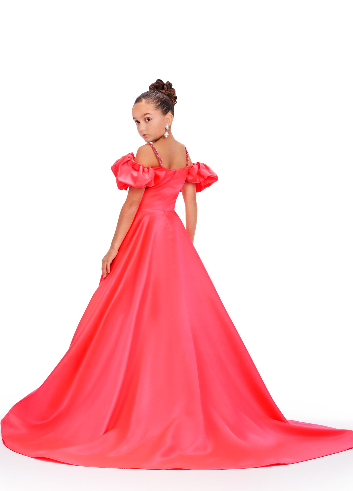 Elevate your little girl's pageant look with our Ashley Lauren Kids 8256 Girls Satin A Line Puff Sleeve Pageant Dress. This elegant ballgown features a stunning off the shoulder design and puff sleeves, adding a touch of sophistication to her appearance. Made with high-quality satin fabric, this dress will make her feel like a true princess. 