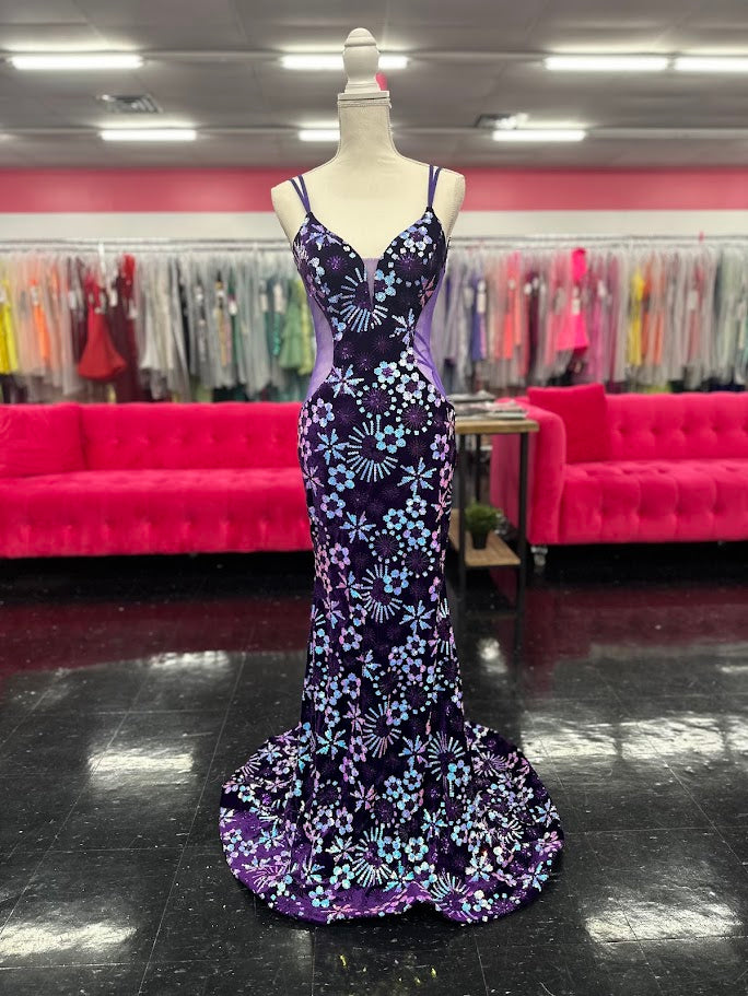 Nina Canacci 8257 Size 4 Royal Velvet Sequin Prom Dress Mermaid Sheer Formal Gown V Neck