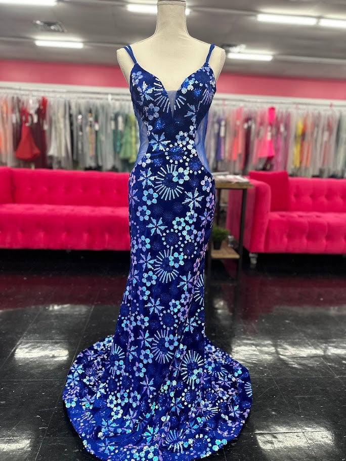 Nina Canacci 8257 Size 4 Royal Velvet Sequin Prom Dress Mermaid Sheer Formal Gown V Neck