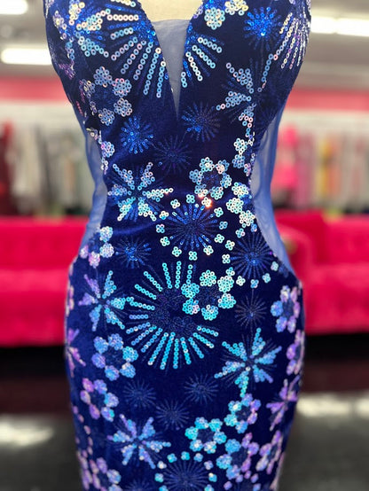 Nina Canacci 8257 Size 4 Emerald Velvet Sequin Prom Dress Mermaid Sheer Formal Gown V Neck