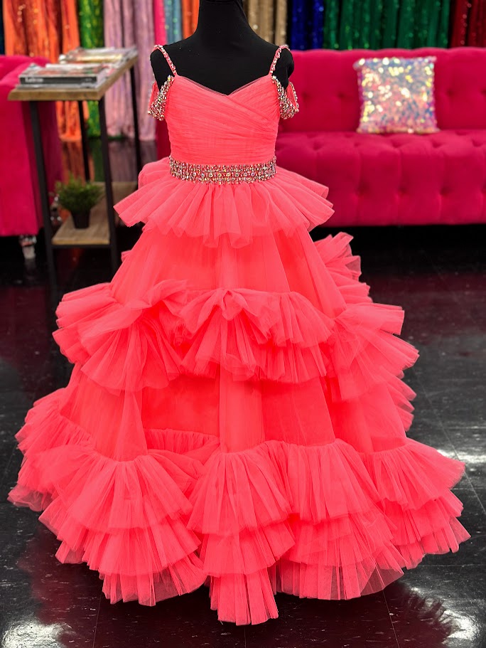 Ashley Lauren 8281&nbsp; Get ready to twirl and dance all night in this Ashley Lauren girls ruffled organza ballgown! The off-shoulder straps add a touch of elegance, while the playful ruffles make this dress truly unique. Get ready to be the belle of the ball!

Sizes: 6

Colors: Coral