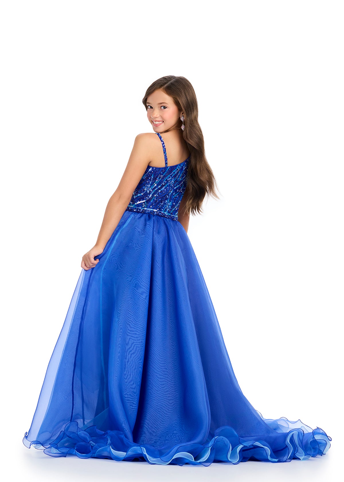 Ashley Lauren Kids 8290 Girls Beaded High Low Pageant Dress One Shoulder layered Gown 14 / Sky/Royal Ashley Lauren Kids 8290 Girls Beaded High Low Pageant Dress One Shoulder layered Gown 14 / Sky/Royal