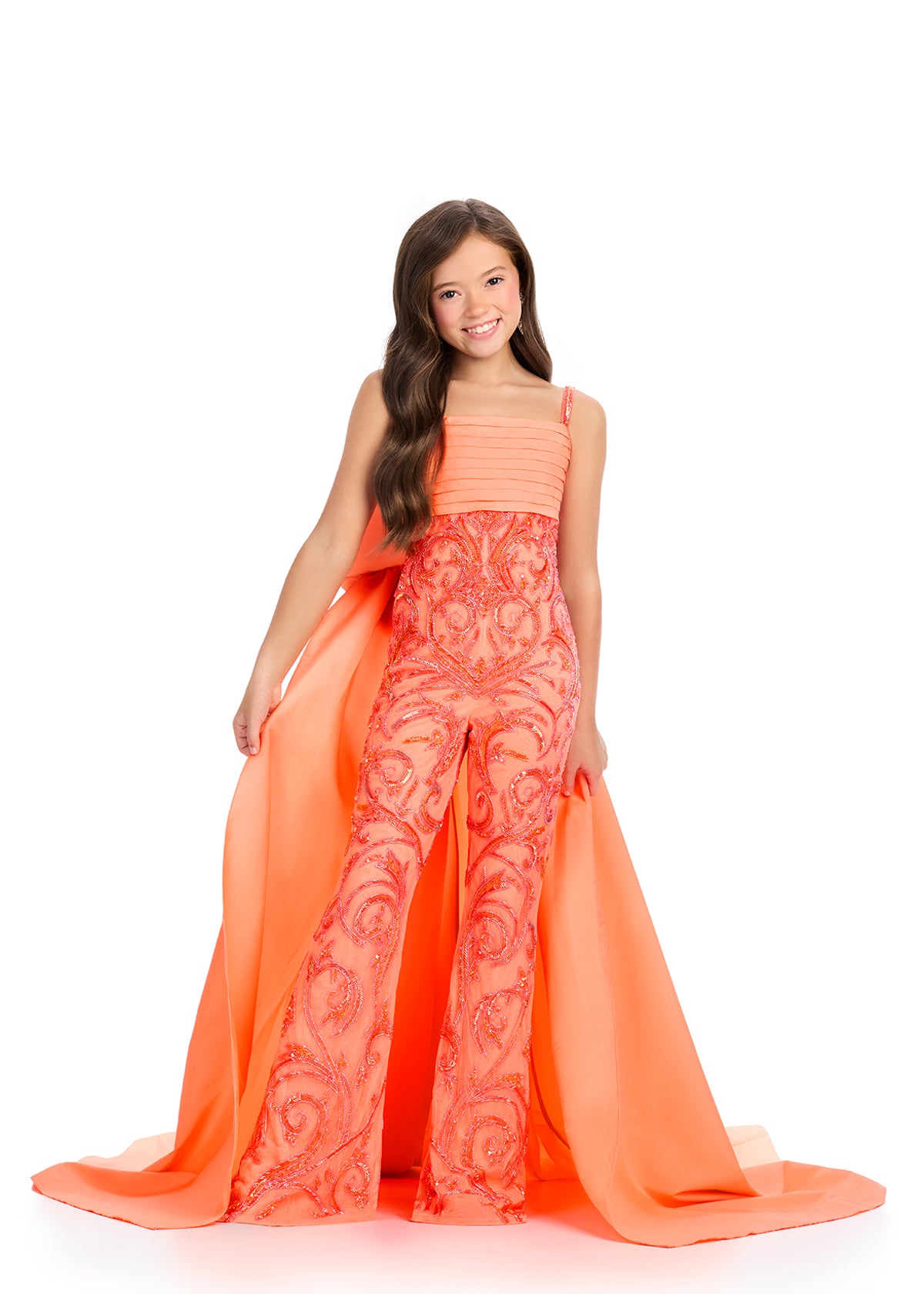 Ashley Lauren Kids 8292 Girls Beaded Pageant Jumpsuit Bow Cape Overskirt  Formal Sequin Fun Fashion