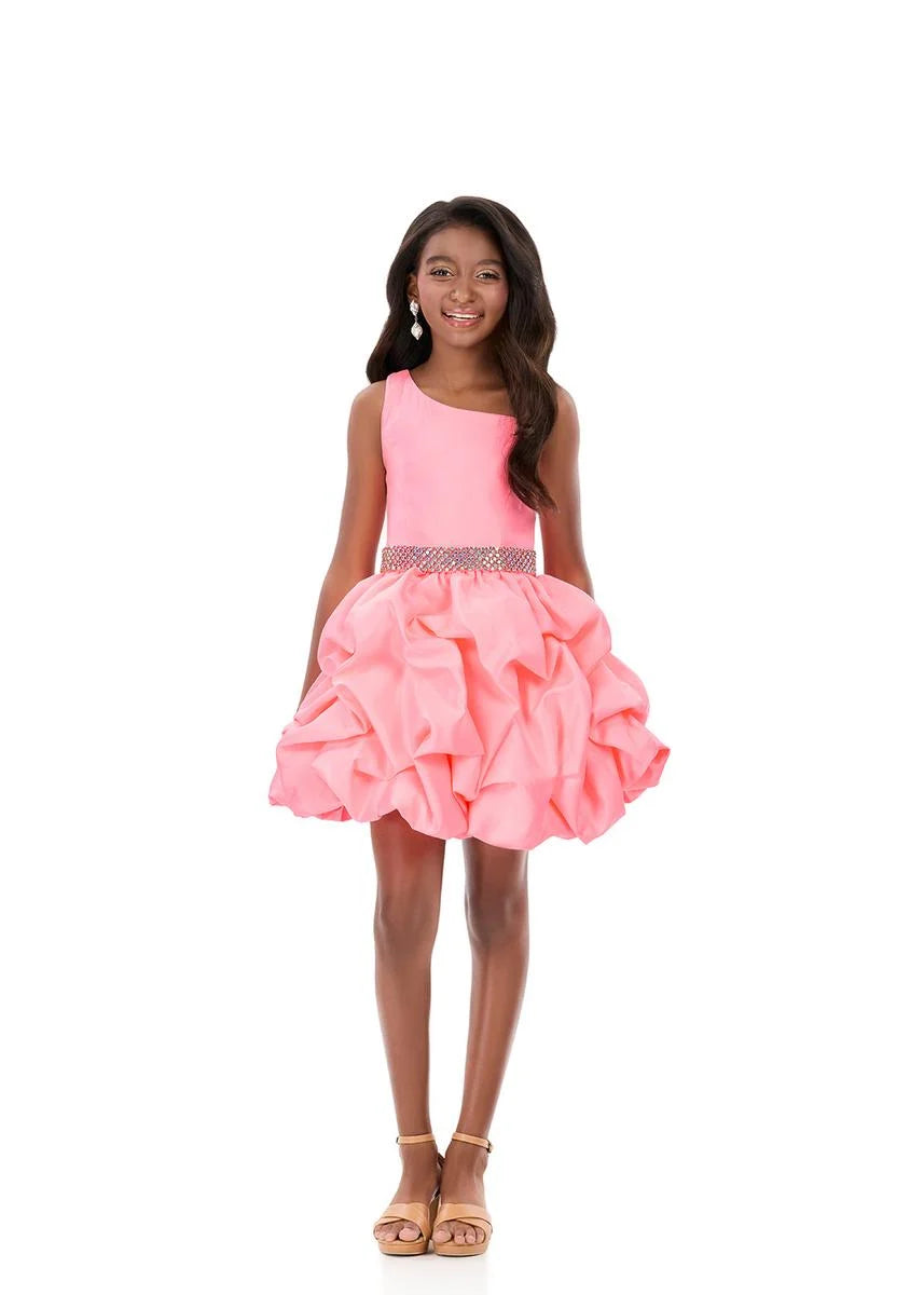 ASHLEYlauren 8329 Girls Short Dress Bubble Skirt with Pickups One Shoulder