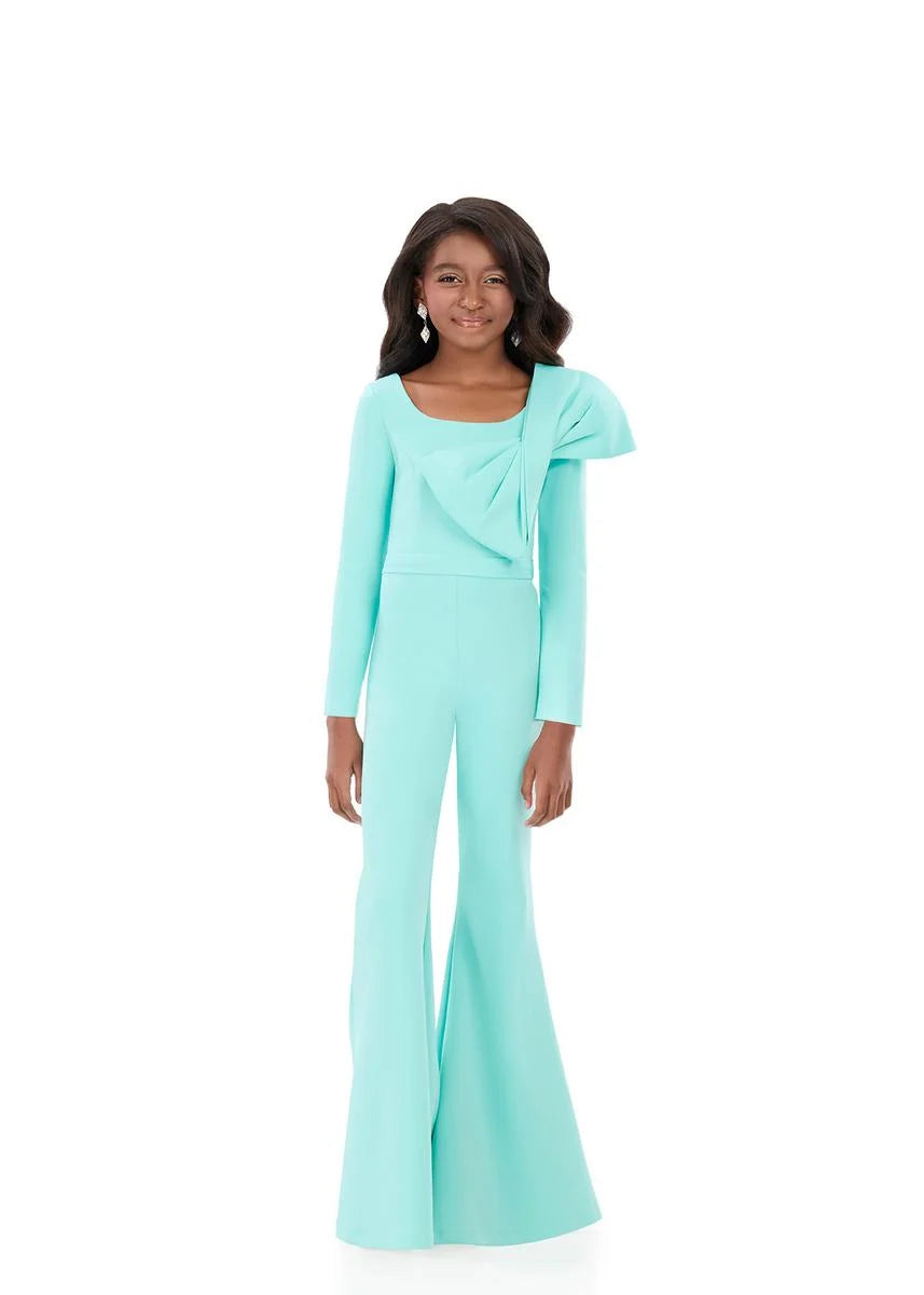 ASHLEYlauren 8327 One Shoulder Girls Jumpsuit Bow Long Sleeves