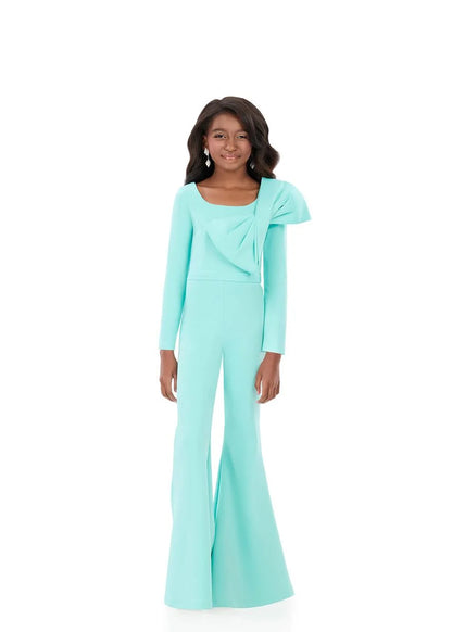 ASHLEYlauren 8327 One Shoulder Girls Jumpsuit Bow Long Sleeves