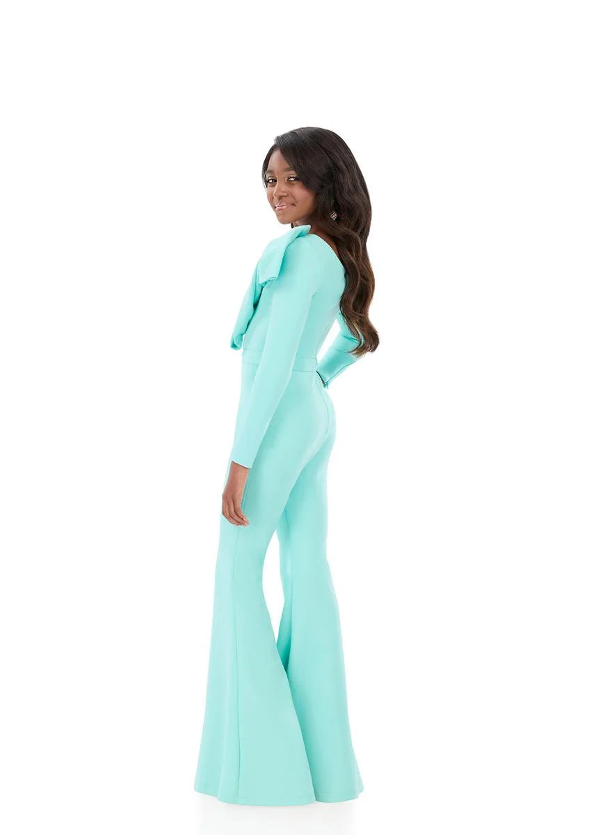 ASHLEYlauren 8327 One Shoulder Girls Jumpsuit Bow Long Sleeves