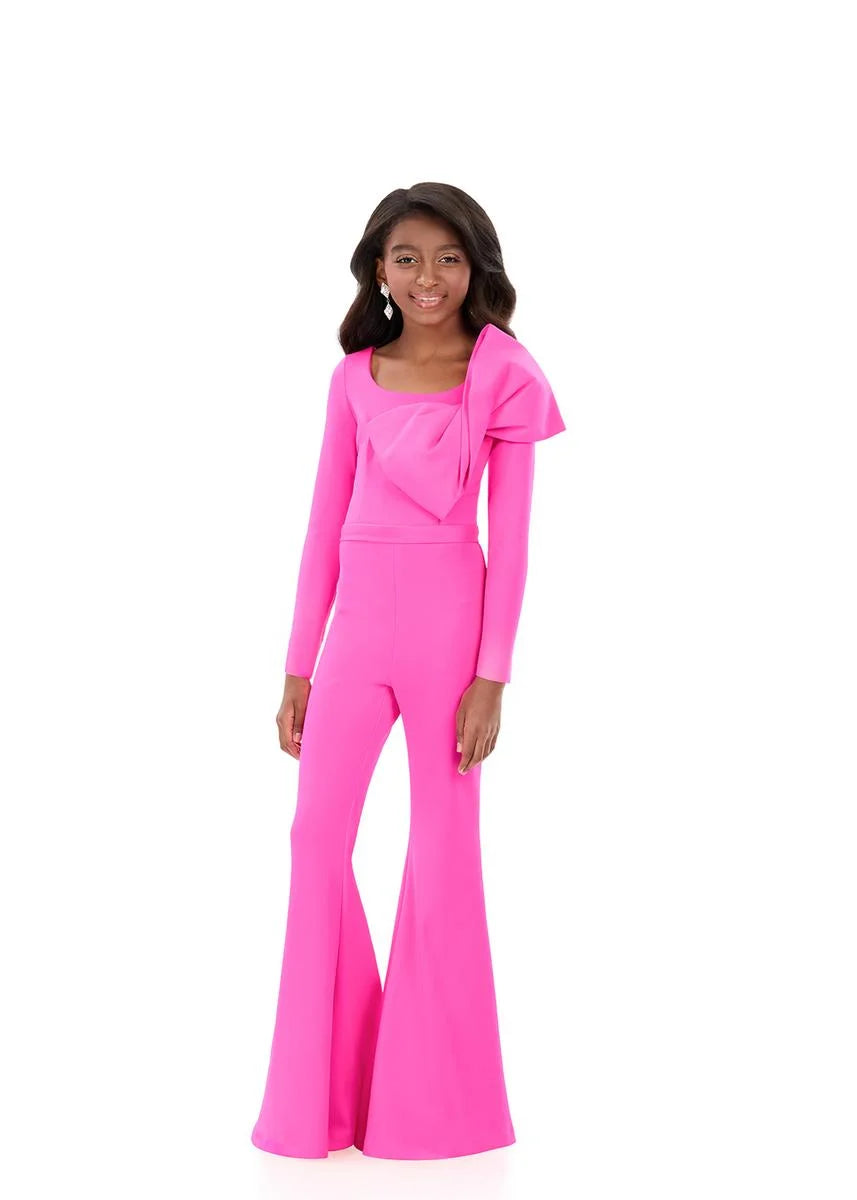 ASHLEYlauren 8327 One Shoulder Girls Jumpsuit Bow Long Sleeves