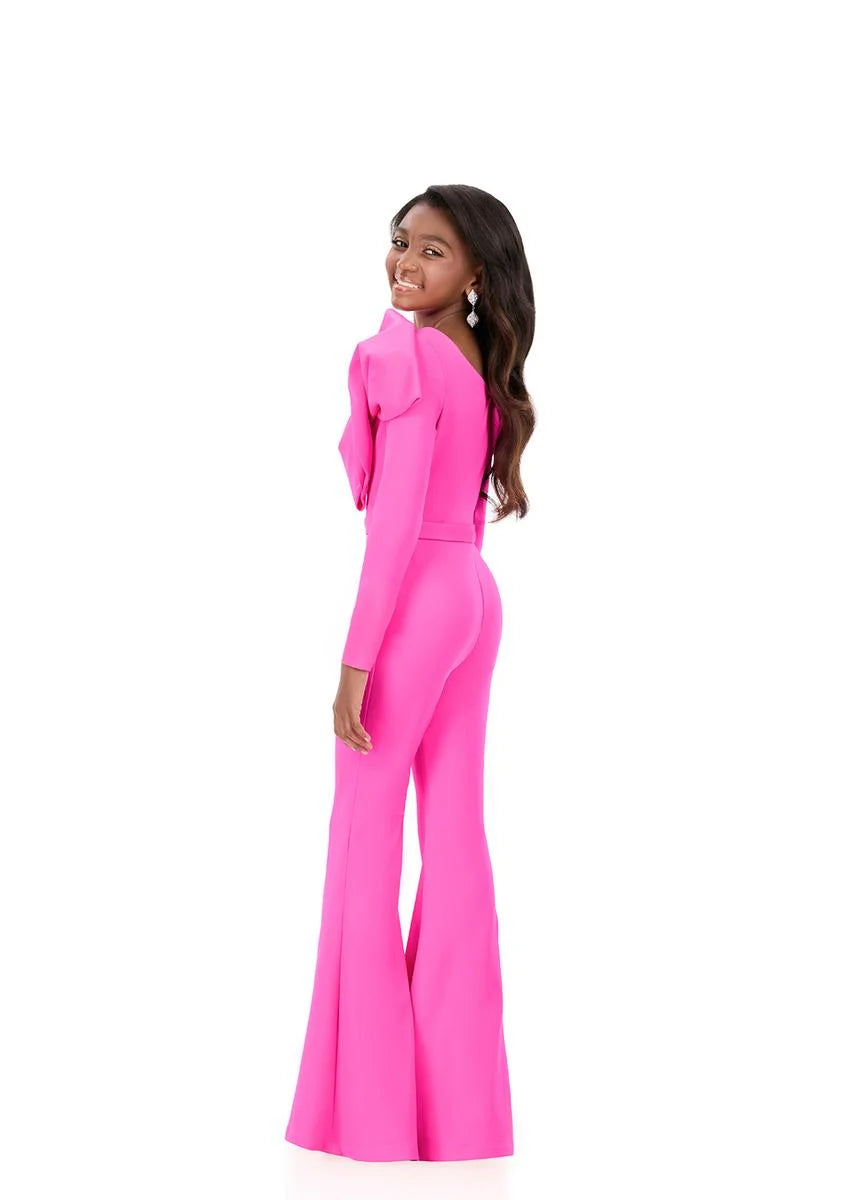 ASHLEYlauren 8327 One Shoulder Girls Jumpsuit Bow Long Sleeves