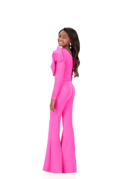 ASHLEYlauren 8327 One Shoulder Girls Jumpsuit Bow Long Sleeves