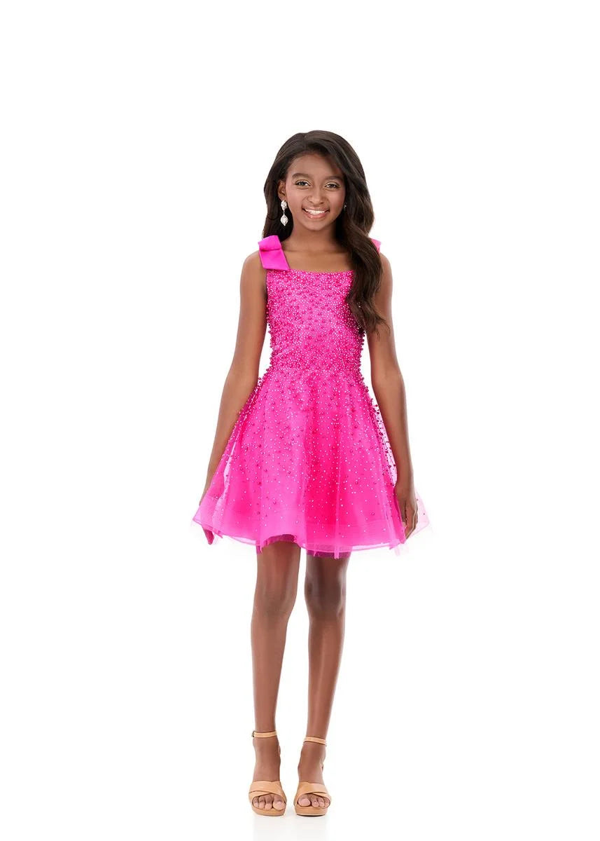 ASHLEYlauren 8332 Kids Tulle Fit and Flare Dress Bow Straps and Pearls