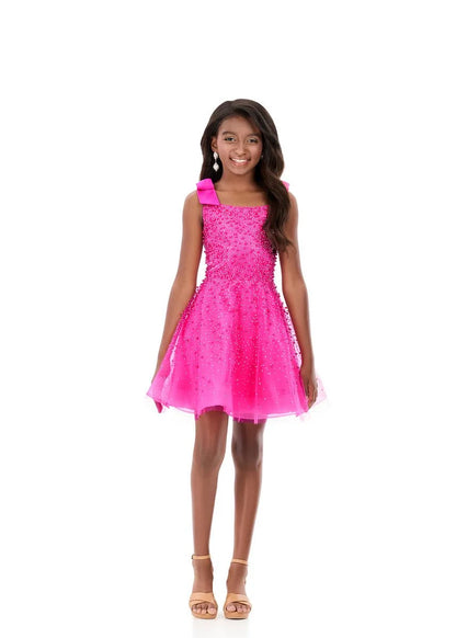ASHLEYlauren 8332 Kids Tulle Fit and Flare Dress Bow Straps and Pearls