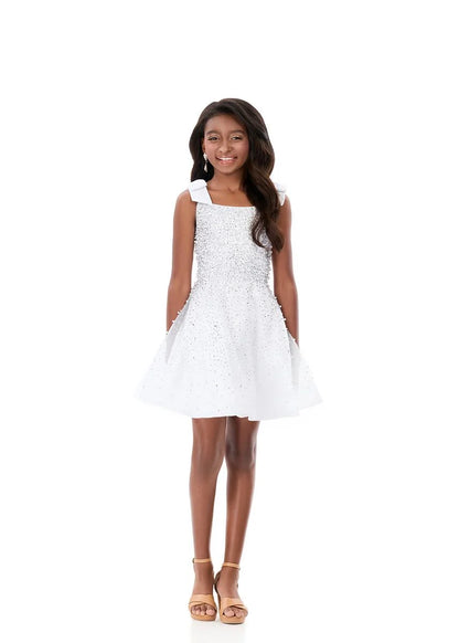 ASHLEYlauren 8332 Kids Tulle Fit and Flare Dress Bow Straps and Pearls