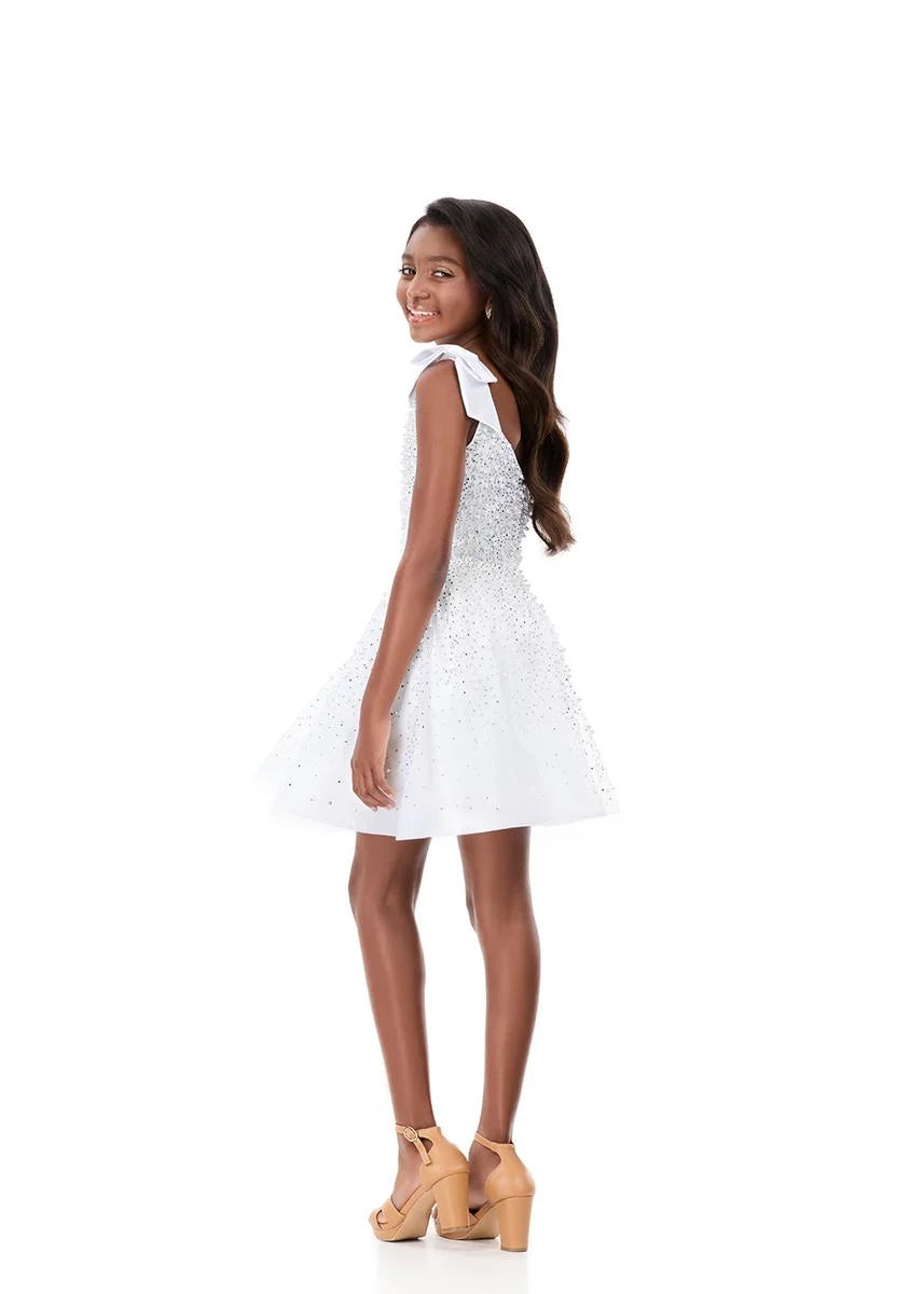 ASHLEYlauren 8332 Kids Tulle Fit and Flare Dress Bow Straps and Pearls
