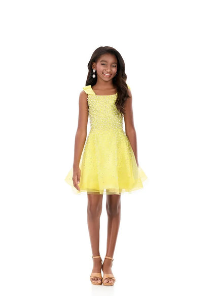 ASHLEYlauren 8332 Kids Tulle Fit and Flare Dress Bow Straps and Pearls