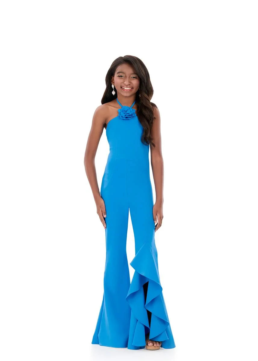 ASHLEYlauren 8337 Kids Scuba Jumpsuit halter neckline ruffle pants