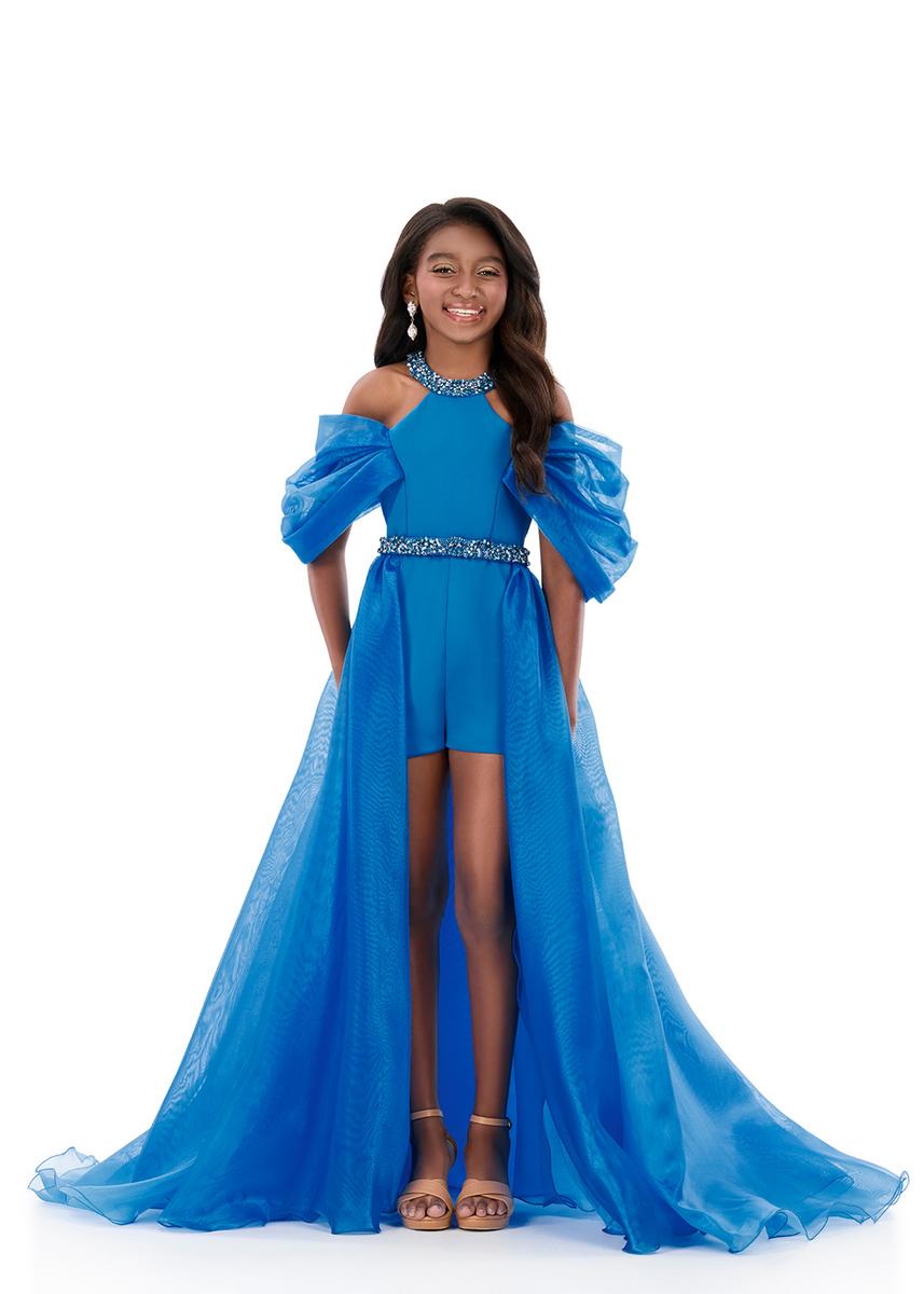 ASHLEYlauren 8339 Kids Romper with Overskirt Dramatic Puff Sleeves