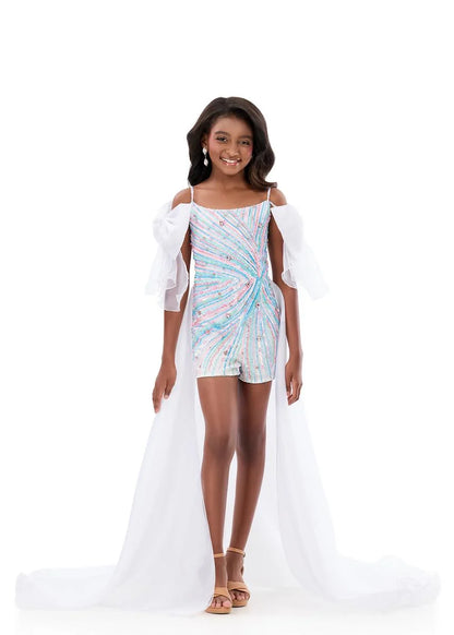 ASHLEYlauren 8351 Girls Stage Ready Romper with Bows and Overskirt