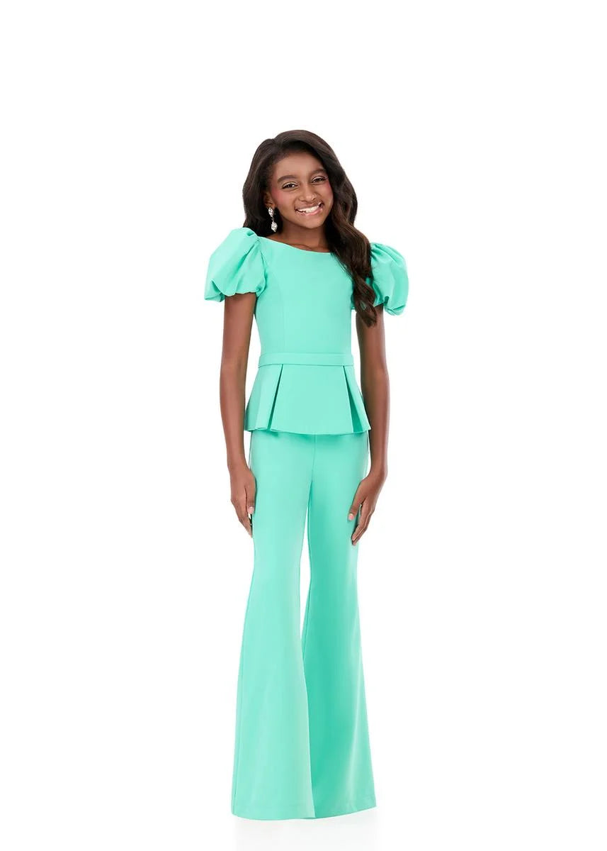 ASHLEYlauren 8358 Girls Jersey pantsuit with puff sleeves