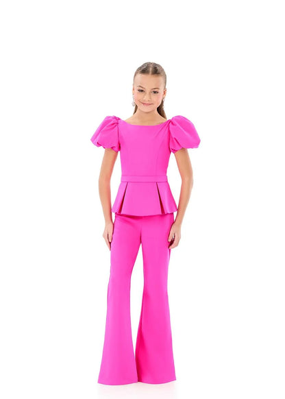 ASHLEYlauren 8358 Girls Jersey pantsuit with puff sleeves