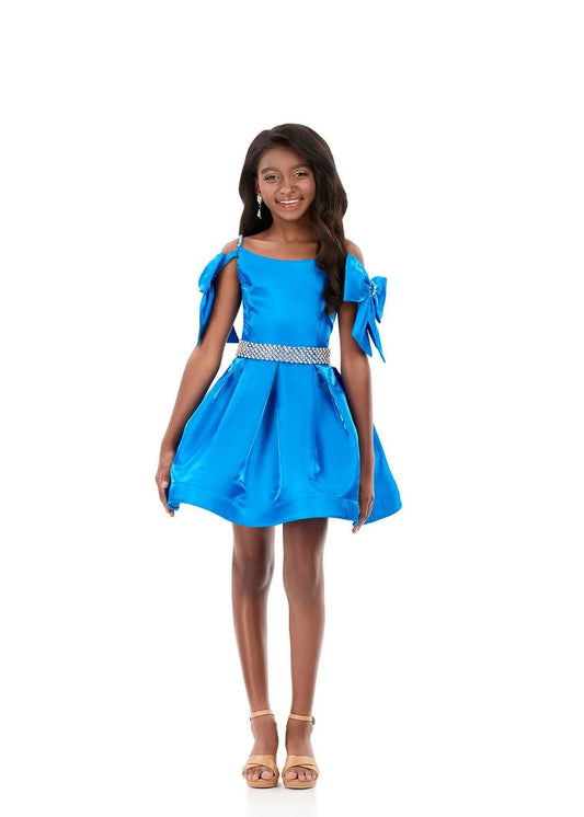 ASHLEYlauren 8360 Girls satin cocktail dress off the shoulder bows