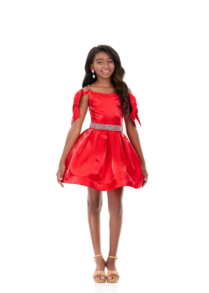 ASHLEYlauren 8360 Girls satin cocktail dress off the shoulder bows