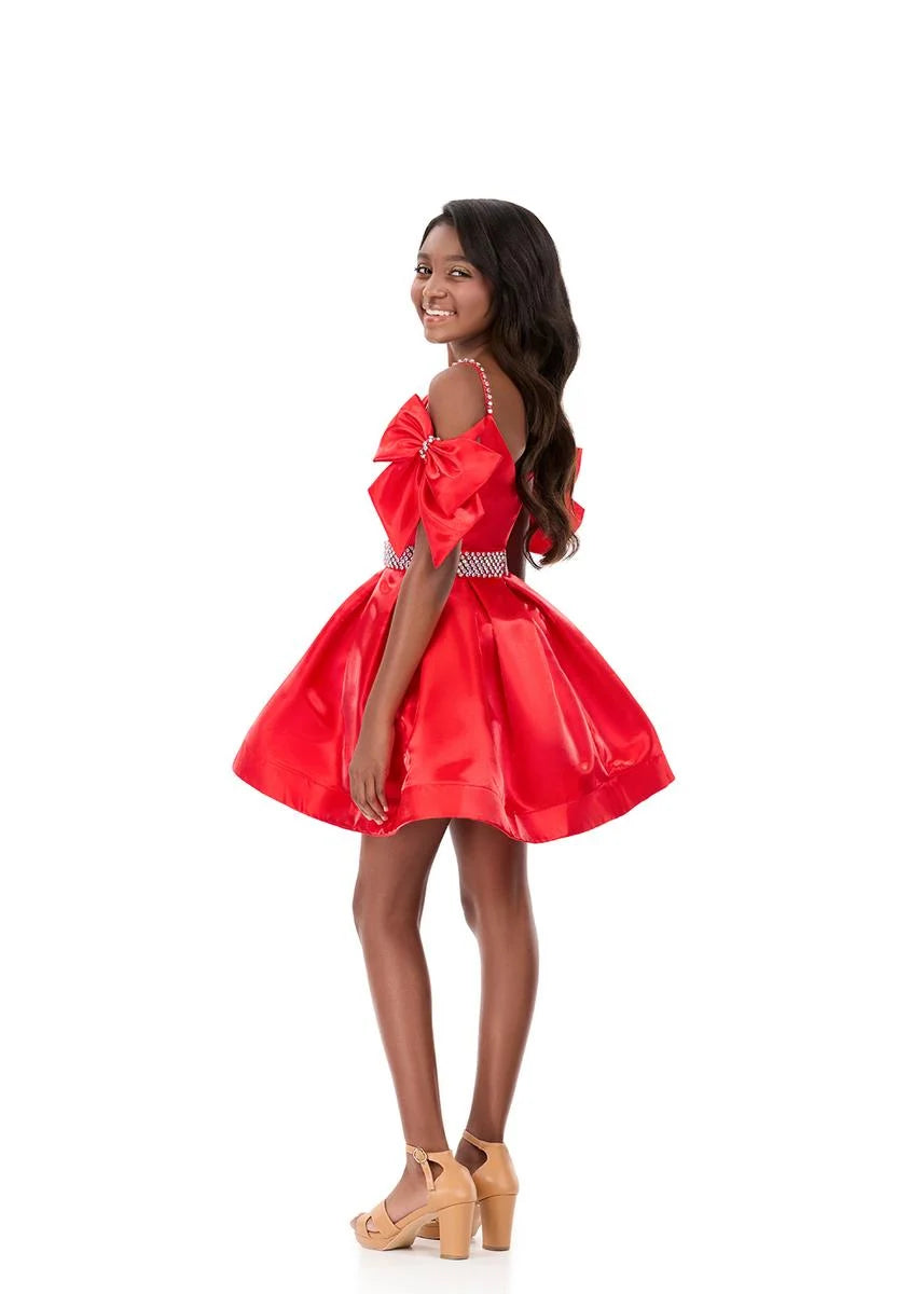 ASHLEYlauren 8360 Girls satin cocktail dress off the shoulder bows