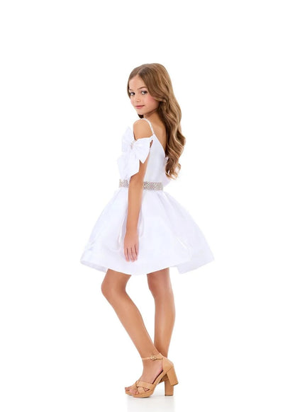 ASHLEYlauren 8360 Girls satin cocktail dress off the shoulder bows