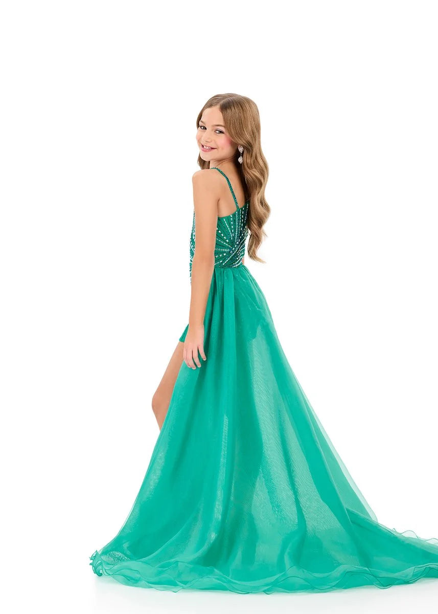 ASHLEYlauren 8362 Girls one shoulder romper heat stones overskirt