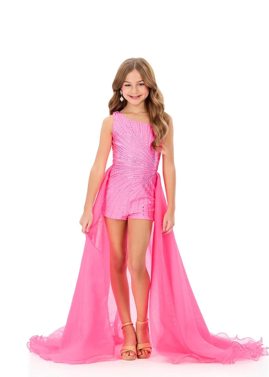 ASHLEYlauren 8362 Girls one shoulder romper heat stones overskirt